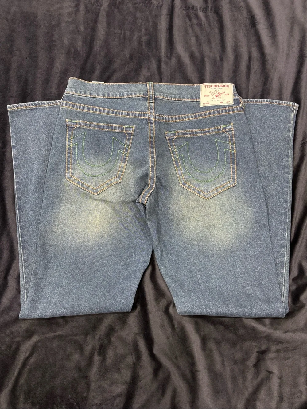 True Religion Blue Jeans with Green Stitching Accent